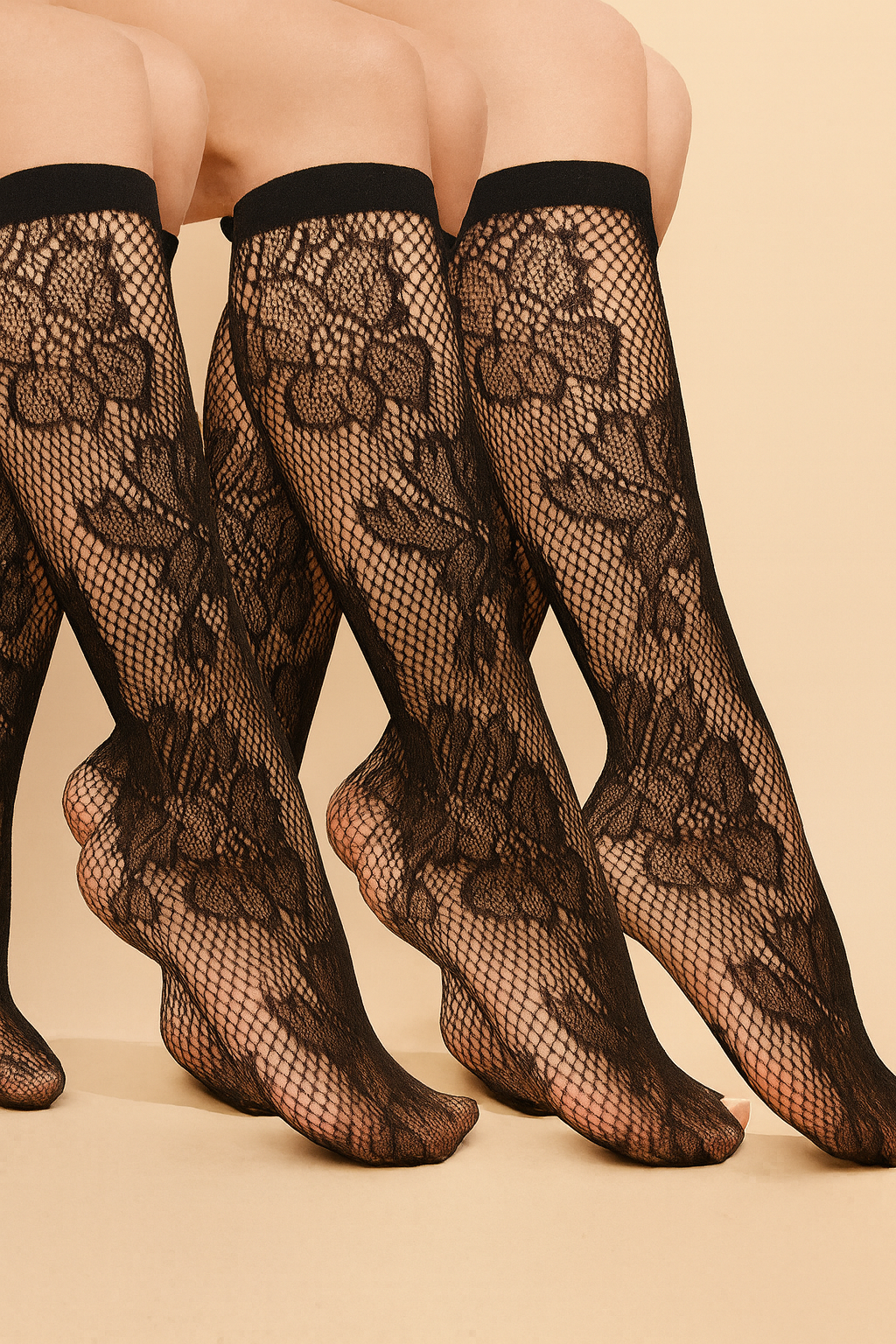 جوارب نسائية متوسطة الطول - جوارب نسائية دانتيل مجوفة تصل إلى الركبة، 6 أزواج