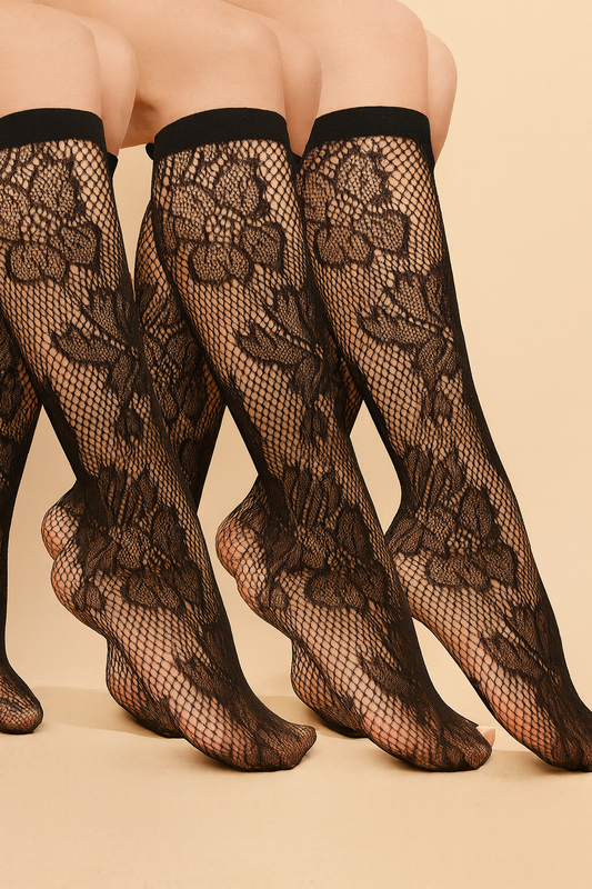 جوارب نسائية متوسطة الطول - جوارب نسائية دانتيل مجوفة تصل إلى الركبة، 6 أزواج