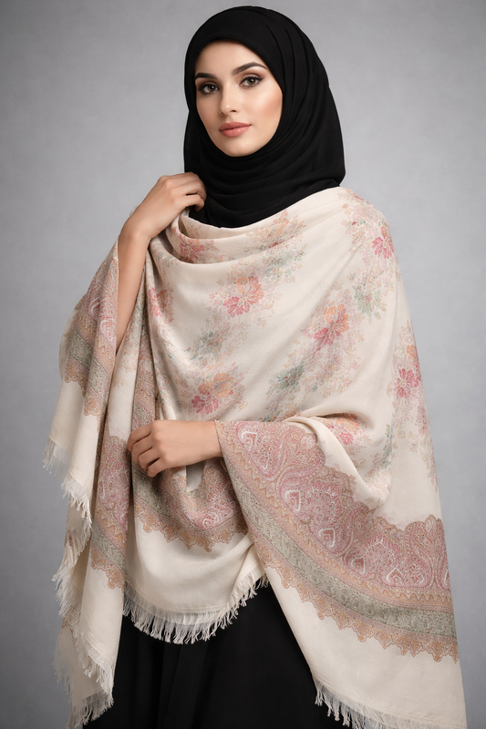 Kashmiri Floral Shawl – Cream Base