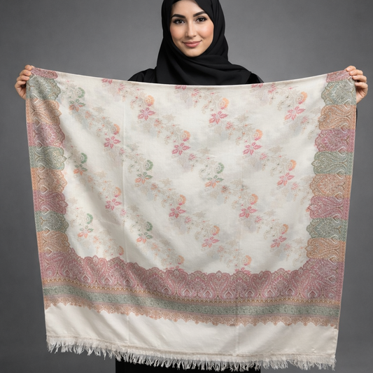 Kashmiri Floral Shawl – Cream Base