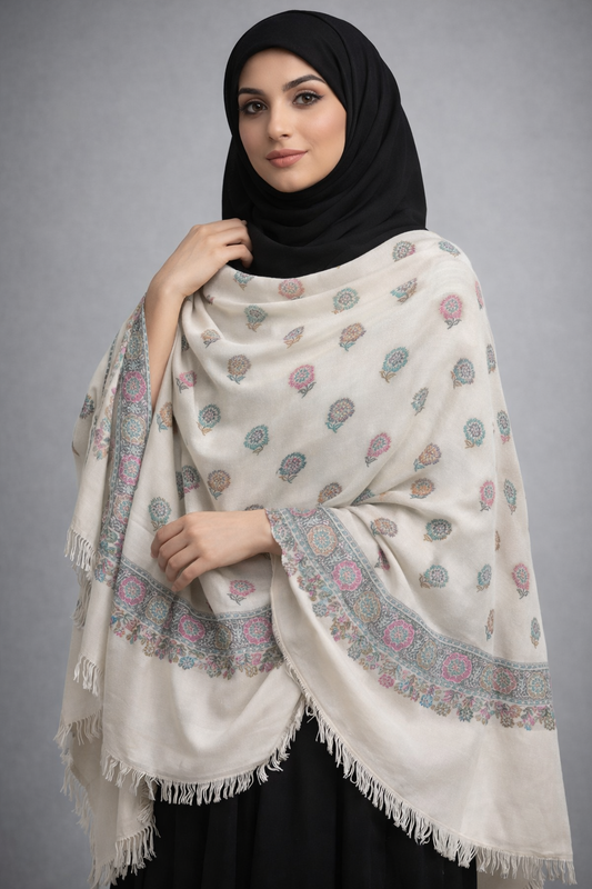 Kashmiri Buta Motif Shawl – Ivory Base