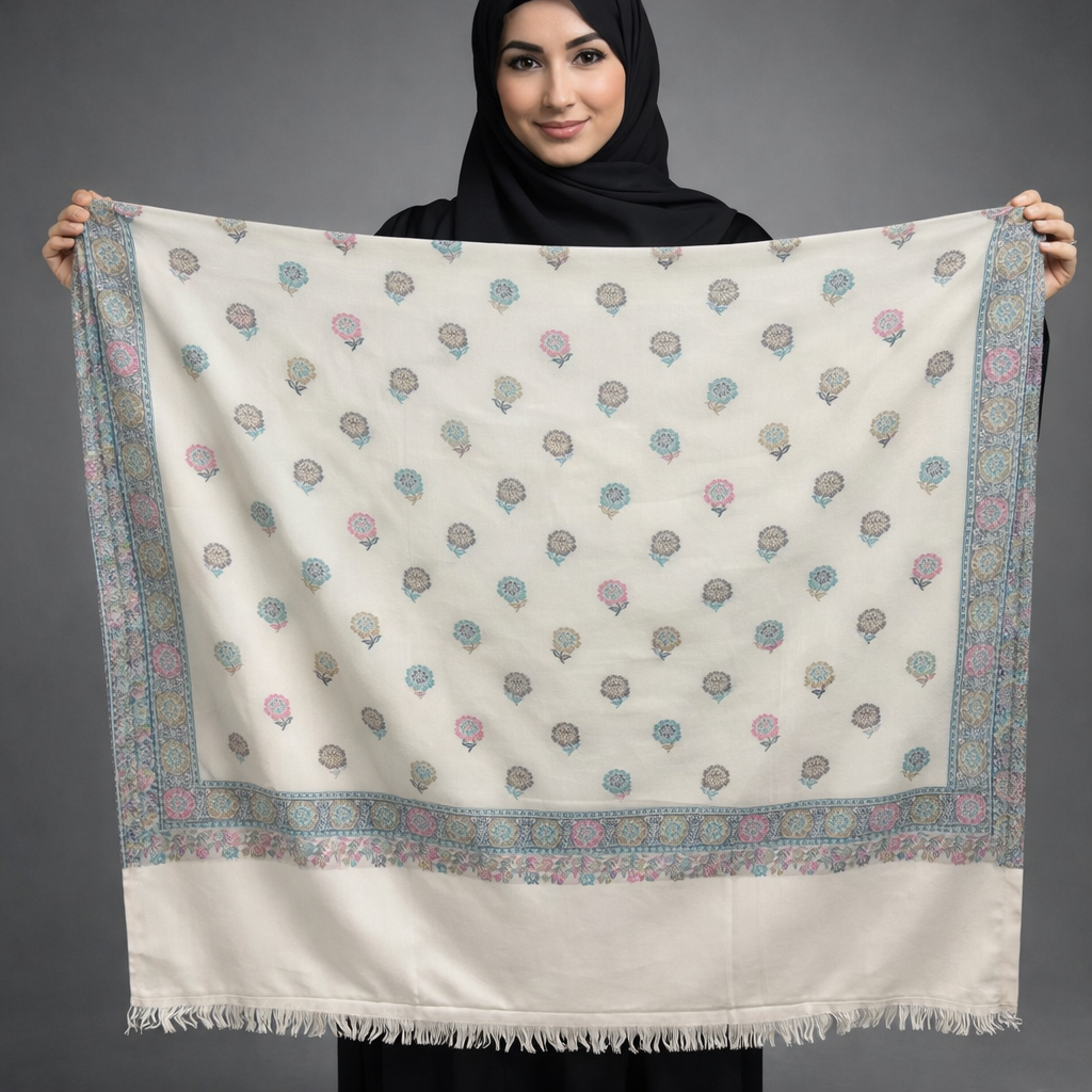 Kashmiri Buta Motif Shawl – Ivory Base